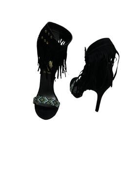 athena women black fringe ankle straps stiletto heels sandals sz 7